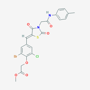 molecular formula C22H18BrClN2O6S B306571 Methyl [2-bromo-6-chloro-4-({2,4-dioxo-3-[2-oxo-2-(4-toluidino)ethyl]-1,3-thiazolidin-5-ylidene}methyl)phenoxy]acetate 