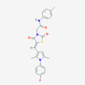molecular formula C25H22FN3O3S B306572 2-(5-{[1-(4-fluorophenyl)-2,5-dimethyl-1H-pyrrol-3-yl]methylene}-2,4-dioxo-1,3-thiazolidin-3-yl)-N-(4-methylphenyl)acetamide 