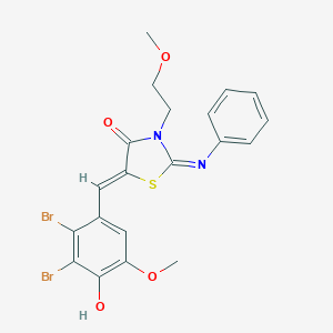 molecular formula C20H18Br2N2O4S B306578 5-(2,3-Dibromo-4-hydroxy-5-methoxybenzylidene)-3-(2-methoxyethyl)-2-(phenylimino)-1,3-thiazolidin-4-one 
