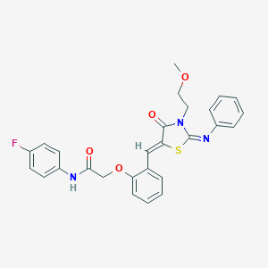 molecular formula C27H24FN3O4S B306583 N-(4-fluorophenyl)-2-(2-{[3-(2-methoxyethyl)-4-oxo-2-(phenylimino)-1,3-thiazolidin-5-ylidene]methyl}phenoxy)acetamide 