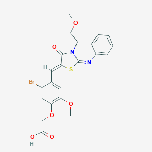 molecular formula C22H21BrN2O6S B306586 (5-Bromo-2-methoxy-4-{[3-(2-methoxyethyl)-4-oxo-2-(phenylimino)-1,3-thiazolidin-5-ylidene]methyl}phenoxy)acetic acid 