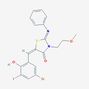 (2Z,5E)-5-(5-bromo-2-hydroxy-3-iodobenzylidene)-3-(2-methoxyethyl)-2-(phenylimino)-1,3-thiazolidin-4-one