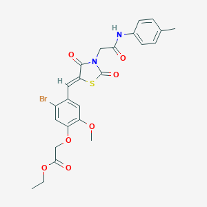 molecular formula C24H23BrN2O7S B306598 ethyl {5-bromo-2-methoxy-4-[(Z)-(3-{2-[(4-methylphenyl)amino]-2-oxoethyl}-2,4-dioxo-1,3-thiazolidin-5-ylidene)methyl]phenoxy}acetate 