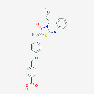 molecular formula C27H24N2O5S B306601 4-[(4-{[3-(2-Methoxyethyl)-4-oxo-2-(phenylimino)-1,3-thiazolidin-5-ylidene]methyl}phenoxy)methyl]benzoic acid 