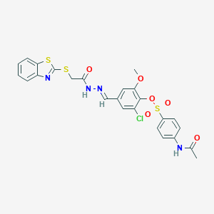 molecular formula C25H21ClN4O6S3 B306633 4-{2-[(1,3-Benzothiazol-2-ylsulfanyl)acetyl]carbohydrazonoyl}-2-chloro-6-methoxyphenyl 4-(acetylamino)benzenesulfonate 