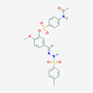 molecular formula C23H23N3O7S2 B306636 2-methoxy-5-[(E)-{2-[(4-methylphenyl)sulfonyl]hydrazinylidene}methyl]phenyl 4-(acetylamino)benzenesulfonate 