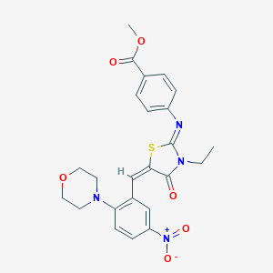 molecular formula C24H24N4O6S B306692 Methyl4-({3-ethyl-5-[5-nitro-2-(4-morpholinyl)benzylidene]-4-oxo-1,3-thiazolidin-2-ylidene}amino)benzoate 
