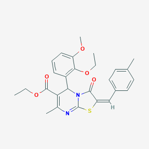 molecular formula C27H28N2O5S B306696 ethyl 5-(2-ethoxy-3-methoxyphenyl)-7-methyl-2-(4-methylbenzylidene)-3-oxo-2,3-dihydro-5H-[1,3]thiazolo[3,2-a]pyrimidine-6-carboxylate 