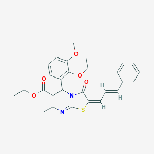 molecular formula C28H28N2O5S B306702 ethyl 5-(2-ethoxy-3-methoxyphenyl)-7-methyl-3-oxo-2-(3-phenyl-2-propenylidene)-2,3-dihydro-5H-[1,3]thiazolo[3,2-a]pyrimidine-6-carboxylate 