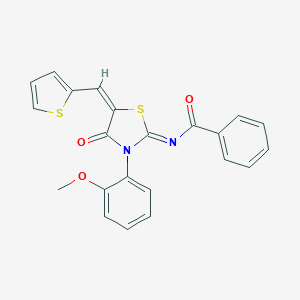 molecular formula C22H16N2O3S2 B306706 N-[3-(2-methoxyphenyl)-4-oxo-5-(2-thienylmethylene)-1,3-thiazolidin-2-ylidene]benzamide 