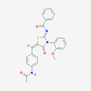 molecular formula C26H21N3O4S B306712 N-[5-[4-(acetylamino)benzylidene]-3-(2-methoxyphenyl)-4-oxo-1,3-thiazolidin-2-ylidene]benzamide 
