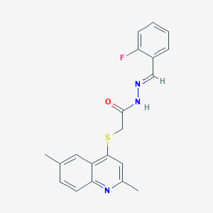 molecular formula C20H18FN3OS B306774 2-[(2,6-dimethyl-4-quinolinyl)sulfanyl]-N'-(2-fluorobenzylidene)acetohydrazide 