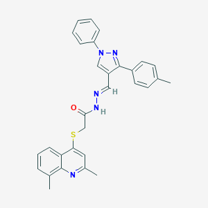 molecular formula C30H27N5OS B306785 2-[(2,8-dimethyl-4-quinolinyl)sulfanyl]-N'-{[3-(4-methylphenyl)-1-phenyl-1H-pyrazol-4-yl]methylene}acetohydrazide 