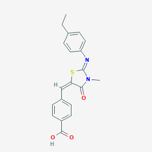 molecular formula C20H18N2O3S B306799 4-({2-[(4-Ethylphenyl)imino]-3-methyl-4-oxo-1,3-thiazolidin-5-ylidene}methyl)benzoic acid 