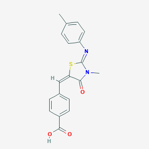 molecular formula C19H16N2O3S B306802 4-({3-Methyl-2-[(4-methylphenyl)imino]-4-oxo-1,3-thiazolidin-5-ylidene}methyl)benzoic acid 