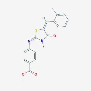 molecular formula C20H18N2O3S B306805 Methyl 4-{[3-methyl-5-(2-methylbenzylidene)-4-oxo-1,3-thiazolidin-2-ylidene]amino}benzoate 