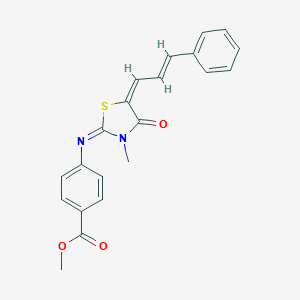 molecular formula C21H18N2O3S B306812 Methyl 4-{[3-methyl-4-oxo-5-(3-phenyl-2-propenylidene)-1,3-thiazolidin-2-ylidene]amino}benzoate 