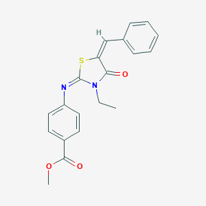 molecular formula C20H18N2O3S B306822 Methyl 4-[(5-benzylidene-3-ethyl-4-oxo-1,3-thiazolidin-2-ylidene)amino]benzoate 