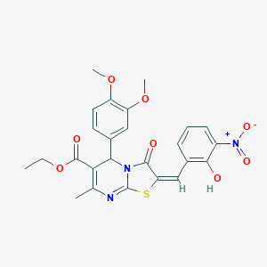 molecular formula C25H23N3O8S B306827 ethyl 5-(3,4-dimethoxyphenyl)-2-{2-hydroxy-3-nitrobenzylidene}-7-methyl-3-oxo-2,3-dihydro-5H-[1,3]thiazolo[3,2-a]pyrimidine-6-carboxylate 