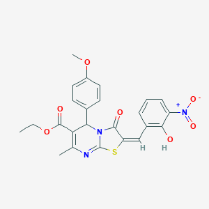 molecular formula C24H21N3O7S B306829 ethyl 2-{2-hydroxy-3-nitrobenzylidene}-5-(4-methoxyphenyl)-7-methyl-3-oxo-2,3-dihydro-5H-[1,3]thiazolo[3,2-a]pyrimidine-6-carboxylate 