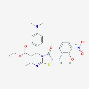 molecular formula C25H24N4O6S B306830 ethyl 5-[4-(dimethylamino)phenyl]-2-{2-hydroxy-3-nitrobenzylidene}-7-methyl-3-oxo-2,3-dihydro-5H-[1,3]thiazolo[3,2-a]pyrimidine-6-carboxylate 
