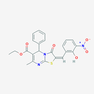 molecular formula C23H19N3O6S B306831 ethyl (2E)-2-(2-hydroxy-3-nitrobenzylidene)-7-methyl-3-oxo-5-phenyl-2,3-dihydro-5H-[1,3]thiazolo[3,2-a]pyrimidine-6-carboxylate 
