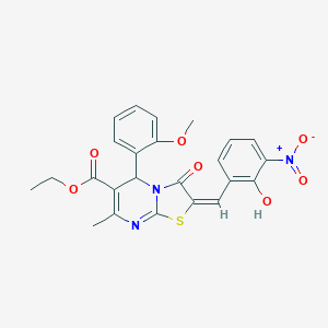 molecular formula C24H21N3O7S B306832 ethyl 2-{2-hydroxy-3-nitrobenzylidene}-5-(2-methoxyphenyl)-7-methyl-3-oxo-2,3-dihydro-5H-[1,3]thiazolo[3,2-a]pyrimidine-6-carboxylate 
