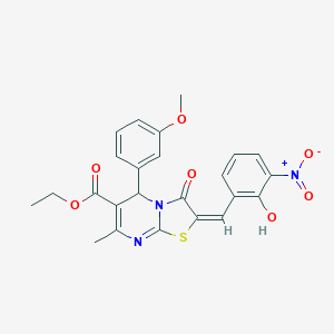 molecular formula C24H21N3O7S B306833 ethyl 2-{2-hydroxy-3-nitrobenzylidene}-5-(3-methoxyphenyl)-7-methyl-3-oxo-2,3-dihydro-5H-[1,3]thiazolo[3,2-a]pyrimidine-6-carboxylate 