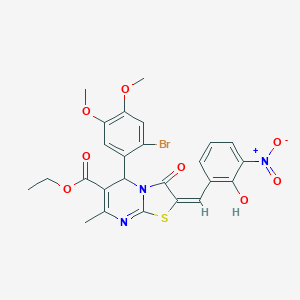 molecular formula C25H22BrN3O8S B306834 ethyl 5-(2-bromo-4,5-dimethoxyphenyl)-2-{2-hydroxy-3-nitrobenzylidene}-7-methyl-3-oxo-2,3-dihydro-5H-[1,3]thiazolo[3,2-a]pyrimidine-6-carboxylate 