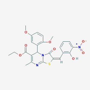 molecular formula C25H23N3O8S B306835 ethyl 5-(2,5-dimethoxyphenyl)-2-{2-hydroxy-3-nitrobenzylidene}-7-methyl-3-oxo-2,3-dihydro-5H-[1,3]thiazolo[3,2-a]pyrimidine-6-carboxylate 