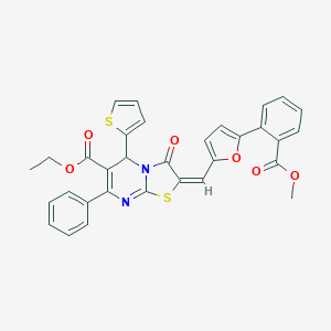 molecular formula C32H24N2O6S2 B306837 ethyl 2-({5-[2-(methoxycarbonyl)phenyl]-2-furyl}methylene)-3-oxo-7-phenyl-5-(2-thienyl)-2,3-dihydro-5H-[1,3]thiazolo[3,2-a]pyrimidine-6-carboxylate 
