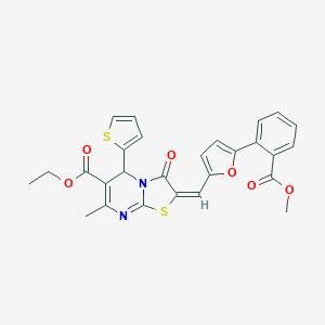molecular formula C27H22N2O6S2 B306841 ethyl 2-({5-[2-(methoxycarbonyl)phenyl]-2-furyl}methylene)-7-methyl-3-oxo-5-(2-thienyl)-2,3-dihydro-5H-[1,3]thiazolo[3,2-a]pyrimidine-6-carboxylate 