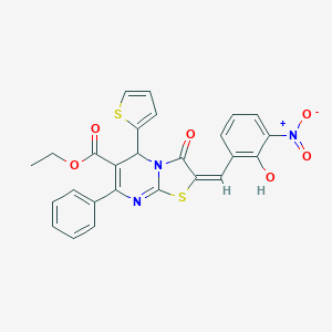 molecular formula C26H19N3O6S2 B306847 ethyl 2-[(E)-1-(2-hydroxy-3-nitrophenyl)methylidene]-3-oxo-7-phenyl-5-(2-thienyl)-2,3-dihydro-5H-[1,3]thiazolo[3,2-a]pyrimidine-6-carboxylate 