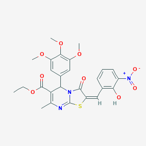 molecular formula C26H25N3O9S B306848 ethyl (2E)-2-(2-hydroxy-3-nitrobenzylidene)-7-methyl-3-oxo-5-(3,4,5-trimethoxyphenyl)-2,3-dihydro-5H-[1,3]thiazolo[3,2-a]pyrimidine-6-carboxylate 