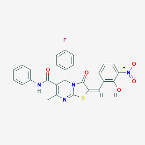 molecular formula C27H19FN4O5S B306849 5-(4-fluorophenyl)-2-{2-hydroxy-3-nitrobenzylidene}-7-methyl-3-oxo-N-phenyl-2,3-dihydro-5H-[1,3]thiazolo[3,2-a]pyrimidine-6-carboxamide 