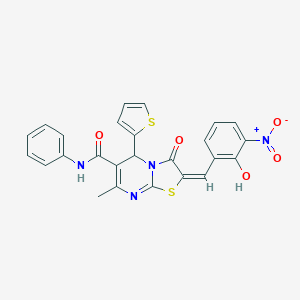 molecular formula C25H18N4O5S2 B306850 2-{2-hydroxy-3-nitrobenzylidene}-7-methyl-3-oxo-N-phenyl-5-(2-thienyl)-2,3-dihydro-5H-[1,3]thiazolo[3,2-a]pyrimidine-6-carboxamide 