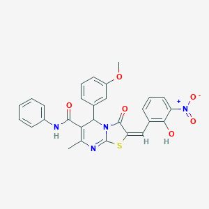 molecular formula C28H22N4O6S B306851 2-{2-hydroxy-3-nitrobenzylidene}-5-(3-methoxyphenyl)-7-methyl-3-oxo-N-phenyl-2,3-dihydro-5H-[1,3]thiazolo[3,2-a]pyrimidine-6-carboxamide 