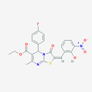 molecular formula C23H18FN3O6S B306852 ethyl (2E)-5-(4-fluorophenyl)-2-(2-hydroxy-3-nitrobenzylidene)-7-methyl-3-oxo-2,3-dihydro-5H-[1,3]thiazolo[3,2-a]pyrimidine-6-carboxylate 