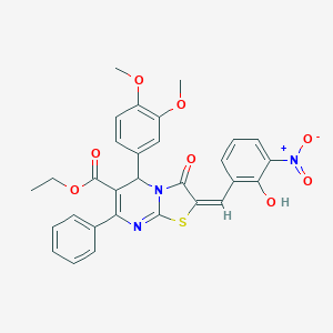 molecular formula C30H25N3O8S B306853 ethyl 5-(3,4-dimethoxyphenyl)-2-{2-hydroxy-3-nitrobenzylidene}-3-oxo-7-phenyl-2,3-dihydro-5H-[1,3]thiazolo[3,2-a]pyrimidine-6-carboxylate 