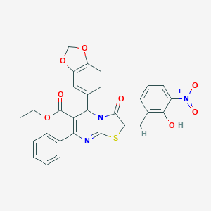 molecular formula C29H21N3O8S B306854 ethyl 5-(1,3-benzodioxol-5-yl)-2-{2-hydroxy-3-nitrobenzylidene}-3-oxo-7-phenyl-2,3-dihydro-5H-[1,3]thiazolo[3,2-a]pyrimidine-6-carboxylate 