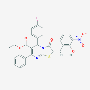 molecular formula C28H20FN3O6S B306855 ethyl 5-(4-fluorophenyl)-2-{2-hydroxy-3-nitrobenzylidene}-3-oxo-7-phenyl-2,3-dihydro-5H-[1,3]thiazolo[3,2-a]pyrimidine-6-carboxylate 