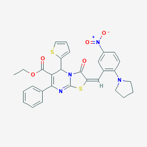 molecular formula C30H26N4O5S2 B306858 ethyl 2-[5-nitro-2-(1-pyrrolidinyl)benzylidene]-3-oxo-7-phenyl-5-(2-thienyl)-2,3-dihydro-5H-[1,3]thiazolo[3,2-a]pyrimidine-6-carboxylate 