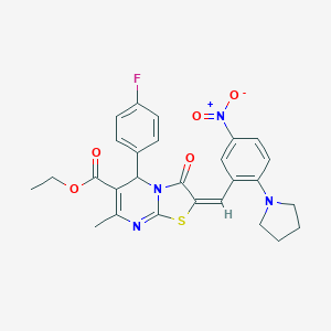 molecular formula C27H25FN4O5S B306859 ethyl 5-(4-fluorophenyl)-2-[5-nitro-2-(1-pyrrolidinyl)benzylidene]-7-methyl-3-oxo-2,3-dihydro-5H-[1,3]thiazolo[3,2-a]pyrimidine-6-carboxylate 