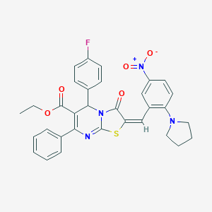 molecular formula C32H27FN4O5S B306860 ethyl 5-(4-fluorophenyl)-2-[5-nitro-2-(1-pyrrolidinyl)benzylidene]-3-oxo-7-phenyl-2,3-dihydro-5H-[1,3]thiazolo[3,2-a]pyrimidine-6-carboxylate 