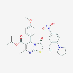 molecular formula C29H30N4O6S B306862 isopropyl 2-[5-nitro-2-(1-pyrrolidinyl)benzylidene]-5-(4-methoxyphenyl)-7-methyl-3-oxo-2,3-dihydro-5H-[1,3]thiazolo[3,2-a]pyrimidine-6-carboxylate 