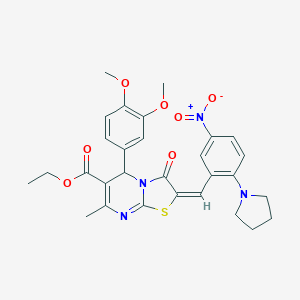 molecular formula C29H30N4O7S B306863 ethyl 5-(3,4-dimethoxyphenyl)-2-[5-nitro-2-(1-pyrrolidinyl)benzylidene]-7-methyl-3-oxo-2,3-dihydro-5H-[1,3]thiazolo[3,2-a]pyrimidine-6-carboxylate 