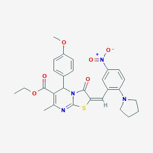 molecular formula C28H28N4O6S B306864 ethyl 2-[5-nitro-2-(1-pyrrolidinyl)benzylidene]-5-(4-methoxyphenyl)-7-methyl-3-oxo-2,3-dihydro-5H-[1,3]thiazolo[3,2-a]pyrimidine-6-carboxylate 