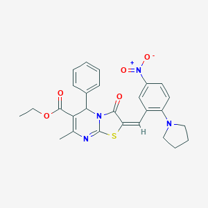 molecular formula C27H26N4O5S B306865 ethyl 2-[5-nitro-2-(1-pyrrolidinyl)benzylidene]-7-methyl-3-oxo-5-phenyl-2,3-dihydro-5H-[1,3]thiazolo[3,2-a]pyrimidine-6-carboxylate 