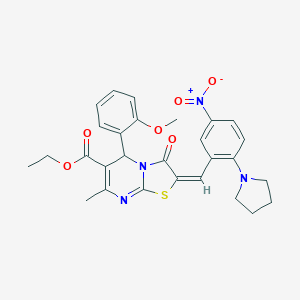 molecular formula C28H28N4O6S B306866 ethyl 2-[5-nitro-2-(1-pyrrolidinyl)benzylidene]-5-(2-methoxyphenyl)-7-methyl-3-oxo-2,3-dihydro-5H-[1,3]thiazolo[3,2-a]pyrimidine-6-carboxylate 