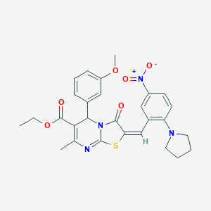 molecular formula C28H28N4O6S B306867 ethyl 2-[5-nitro-2-(1-pyrrolidinyl)benzylidene]-5-(3-methoxyphenyl)-7-methyl-3-oxo-2,3-dihydro-5H-[1,3]thiazolo[3,2-a]pyrimidine-6-carboxylate 